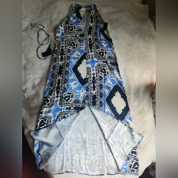 H&M Tie-belt Scarf Prints Dress long  maxi Cream/blue Patterned BNWT - Picture 11 of 14